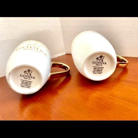 GODIVA Chocolatier Gold Handle FINE PORCELAIN Coffee Mugs Cup Set of 2 - Picture 7 of 7